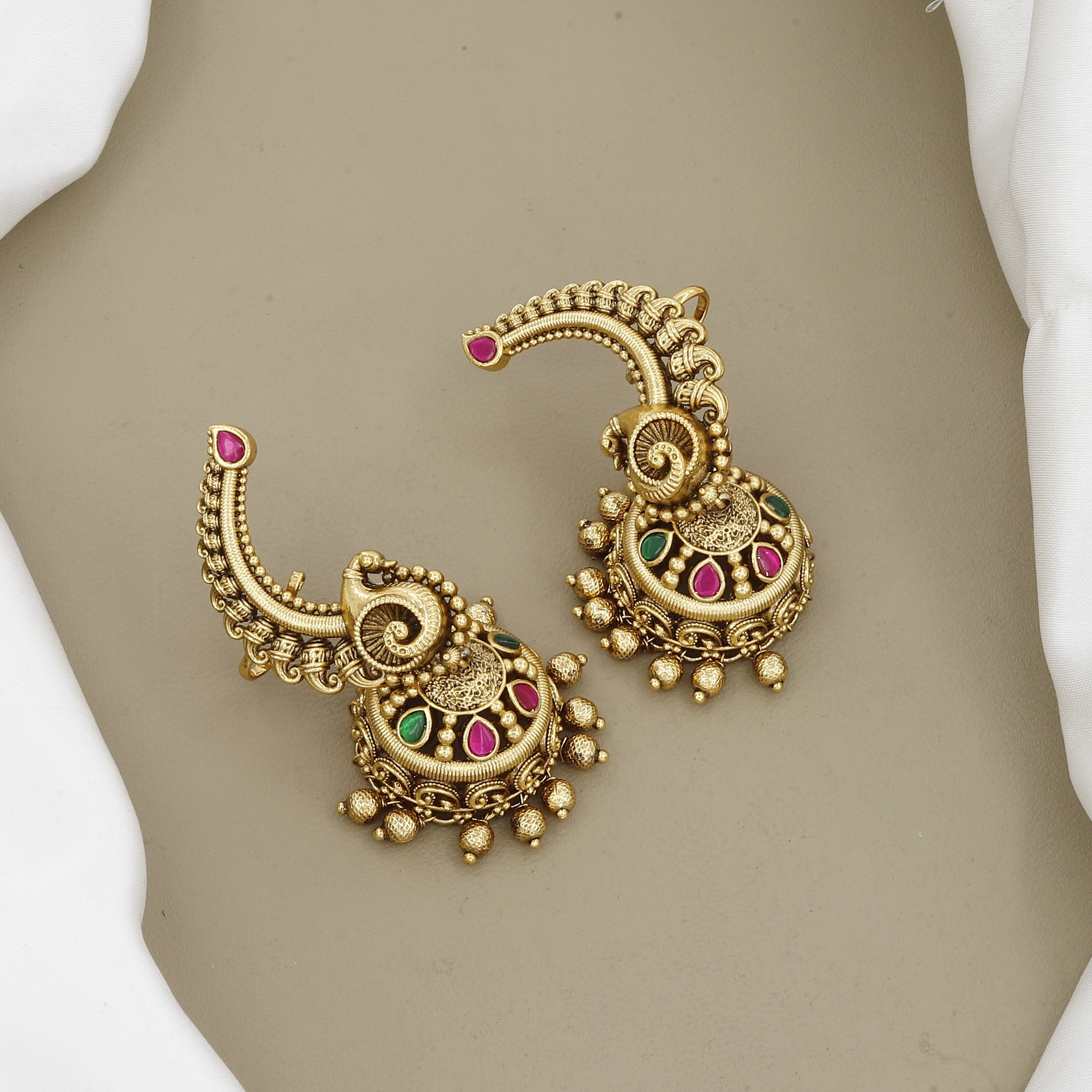 Antique Gold-Plated Peacock Ear-Cuff Jhumka Earrings