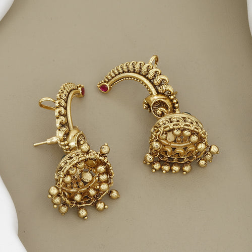Antique Gold-Plated Peacock Ear-Cuff Jhumka Earrings