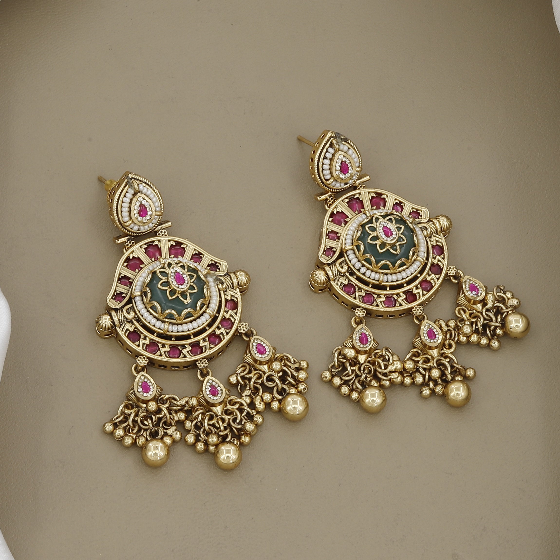 Seed Pearl & Emerald Accents Long  Bridal Necklace Set