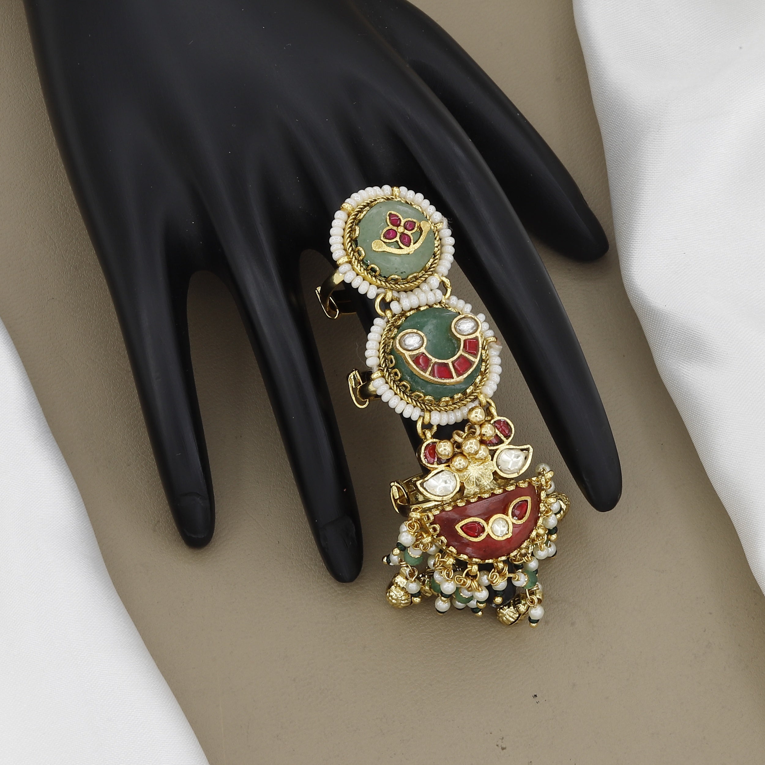 Gold-Plated Green Jade and Red Enamel Heritage Statement Ring