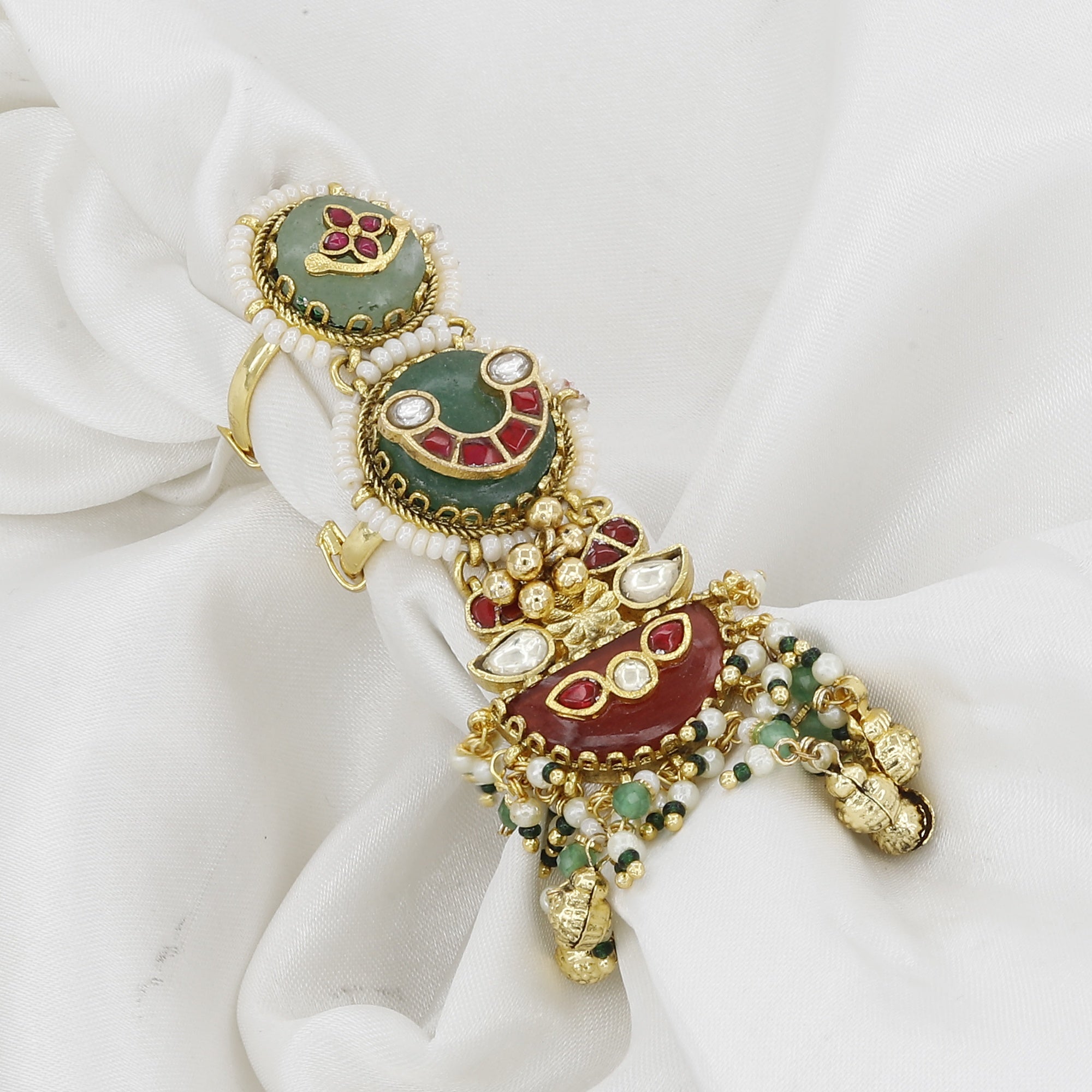 Gold-Plated Green Jade and Red Enamel Heritage Statement Ring