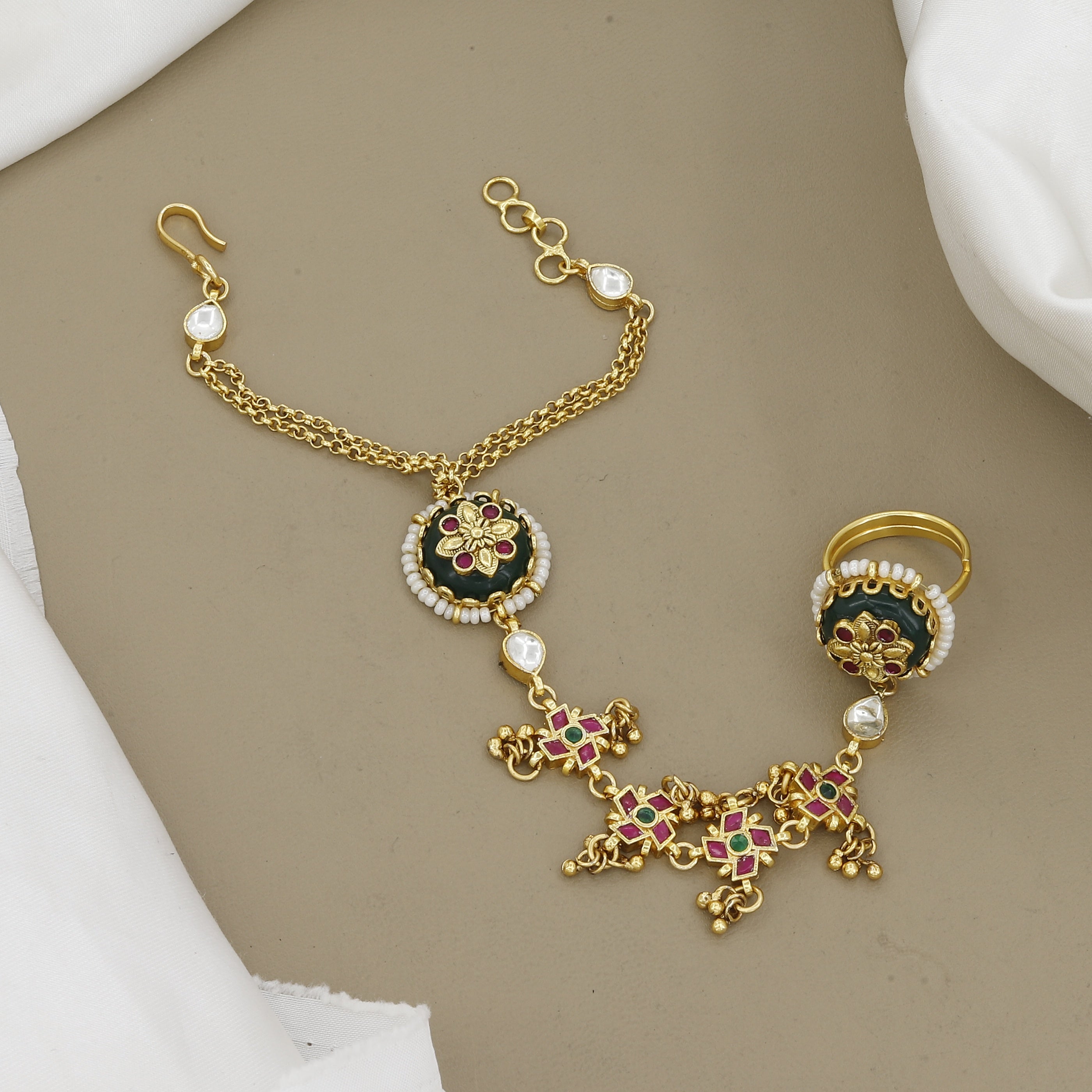 Antique Gold Haathphool with Emerald Green Floral Stones & Dangle Accents