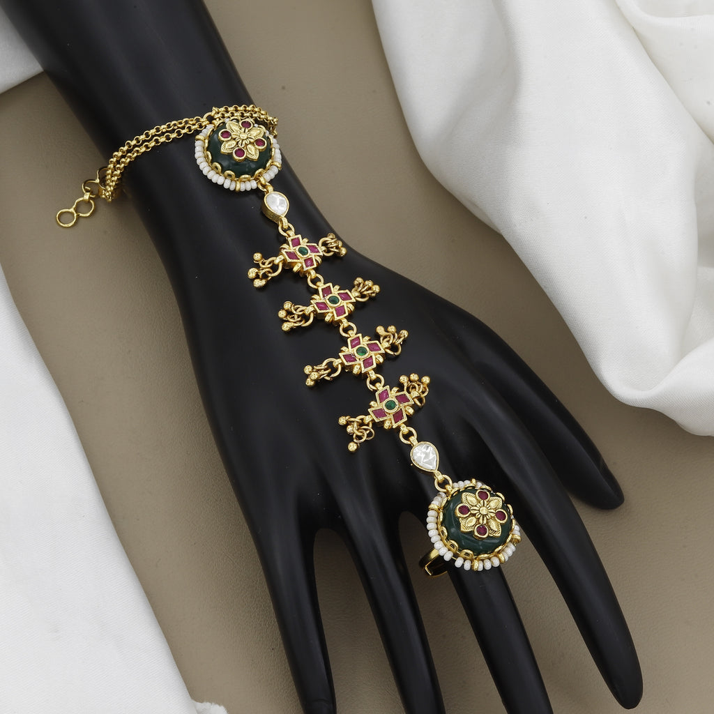 Antique Gold Haathphool with Emerald Green Floral Stones & Dangle Accents