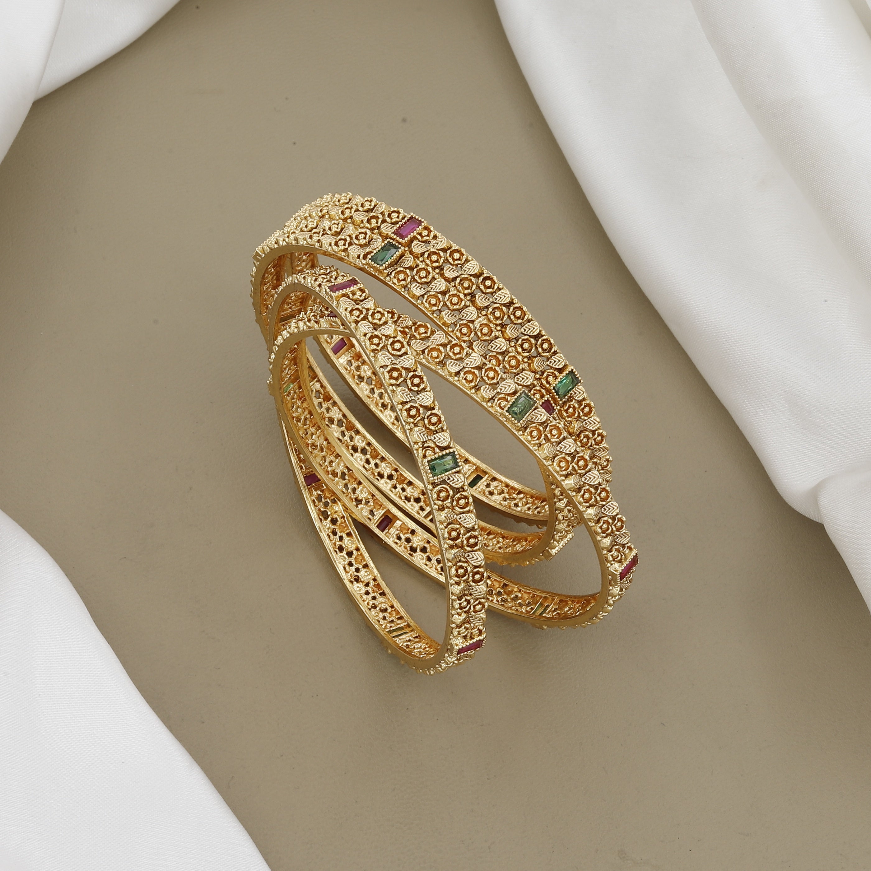 Antique Gold Plated Bangle Set (4 Pc) | Ruby & Emerald Stone
