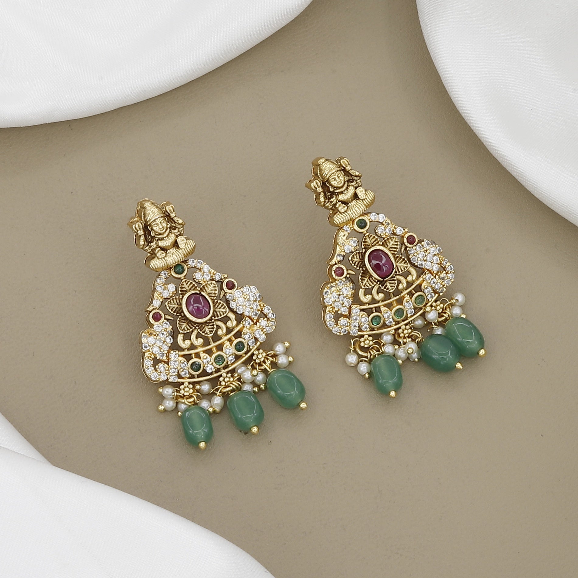 Antique Gold Finish Temple Jewellery Set with Green Beads & Goddess Lakshmi Motifs