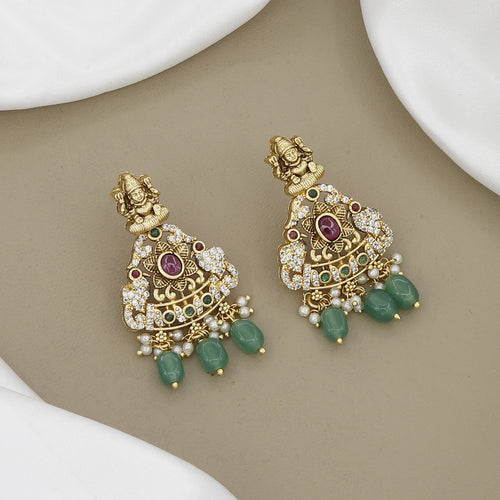 Antique Gold Finish Temple Jewellery Set with Green Beads & Goddess Lakshmi Motifs