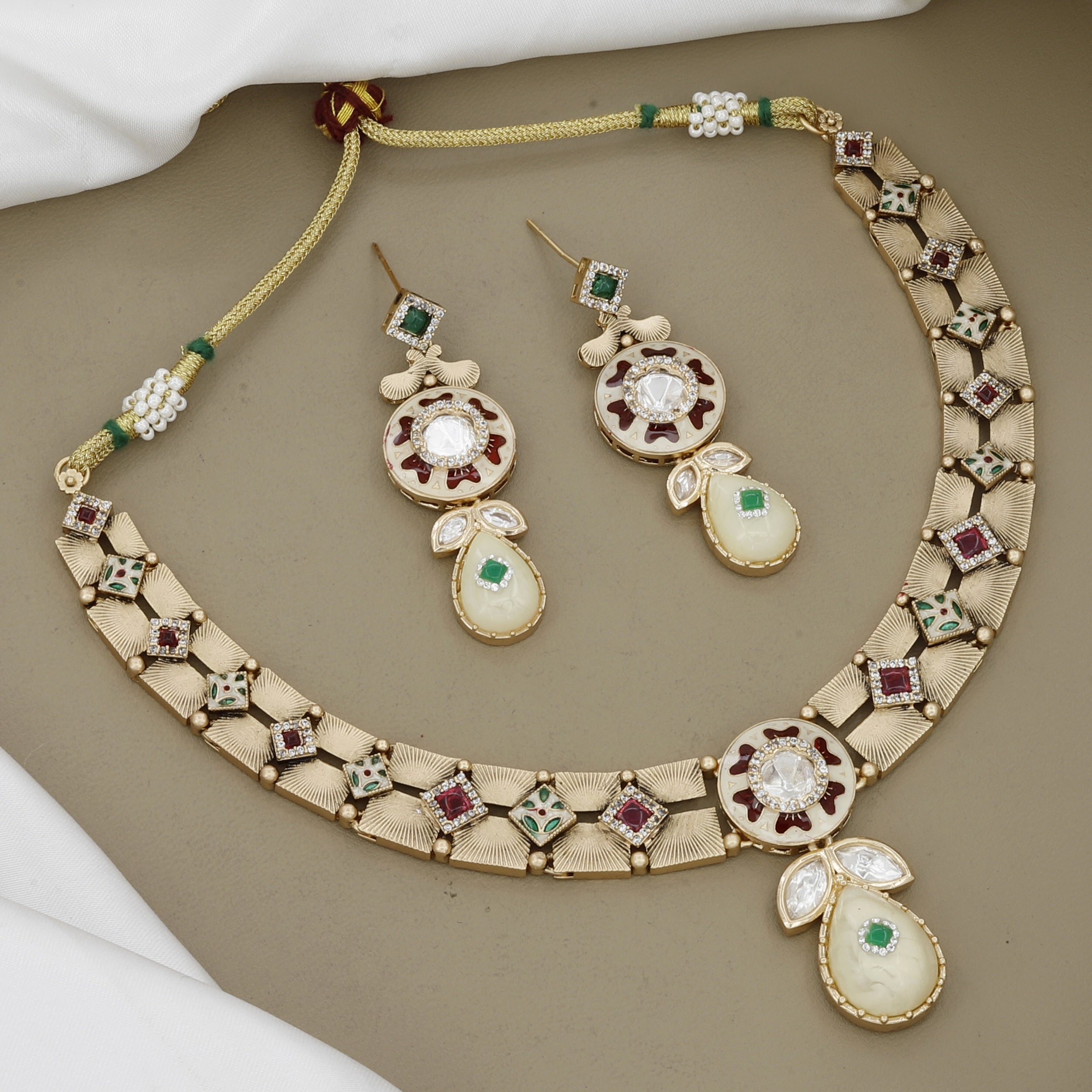 Matte Gold Polki Necklace Set with Meenakari Enamel & Cream Teardrop Accents