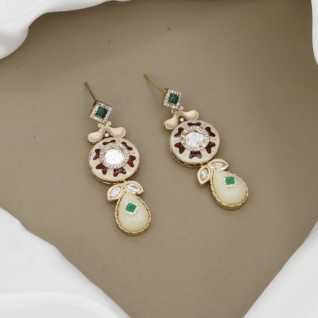 Matte Gold Polki Necklace Set with Meenakari Enamel & Cream Teardrop Accents