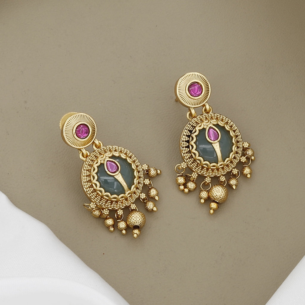 Antique Gold-Plated Necklace & Earrings Set with Stone Work