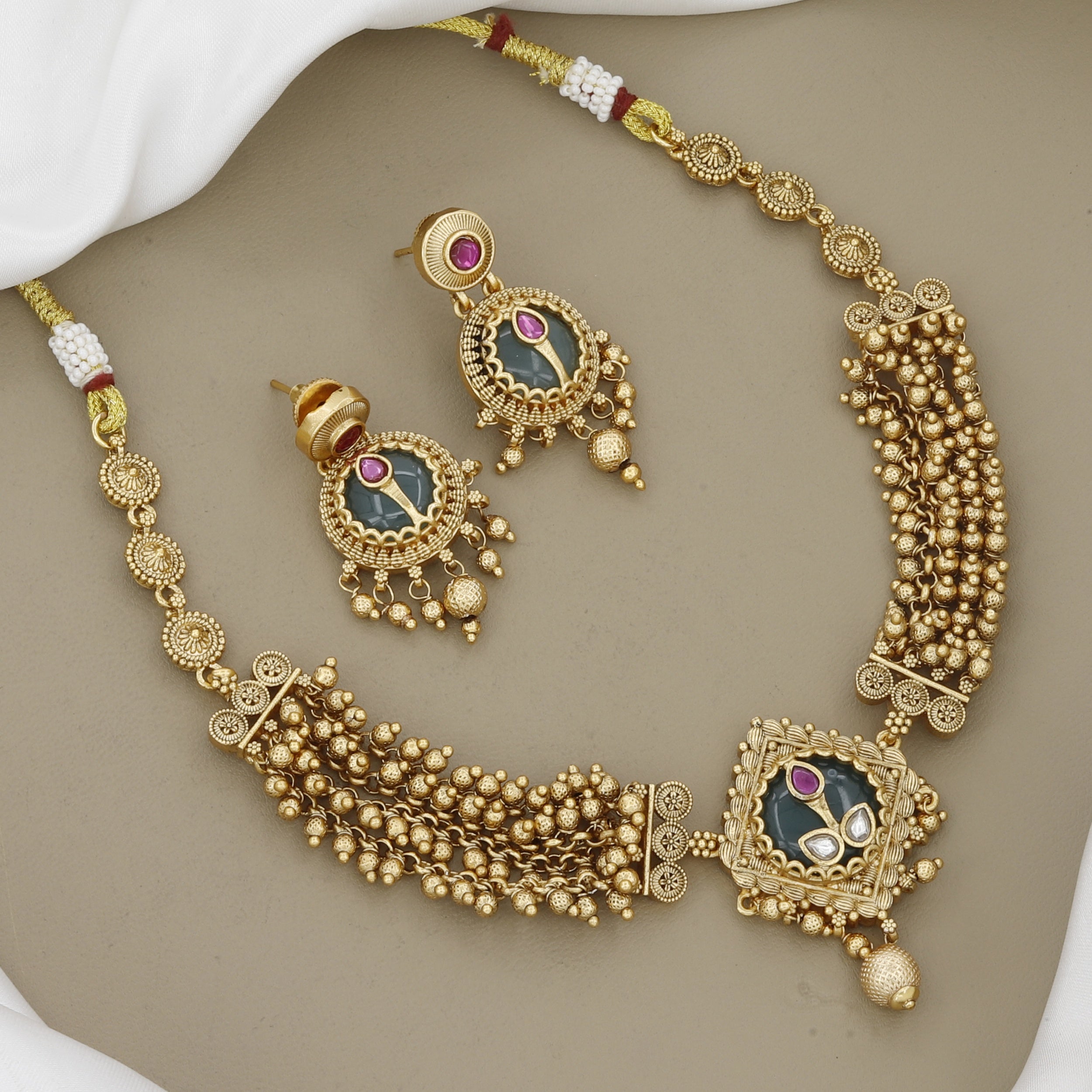Antique Gold-Plated Necklace & Earrings Set with Stone Work