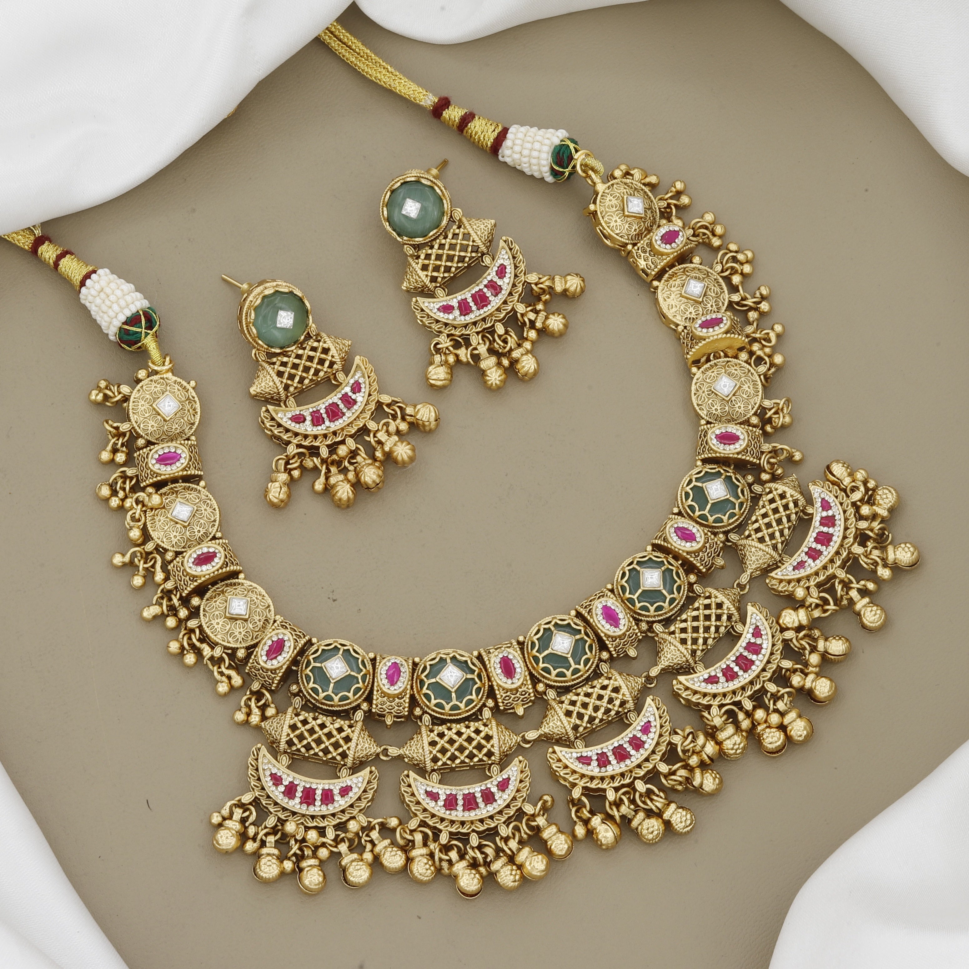 Antique Gold-Plated Necklace Set with Green Stones & Pink Meenakari Work