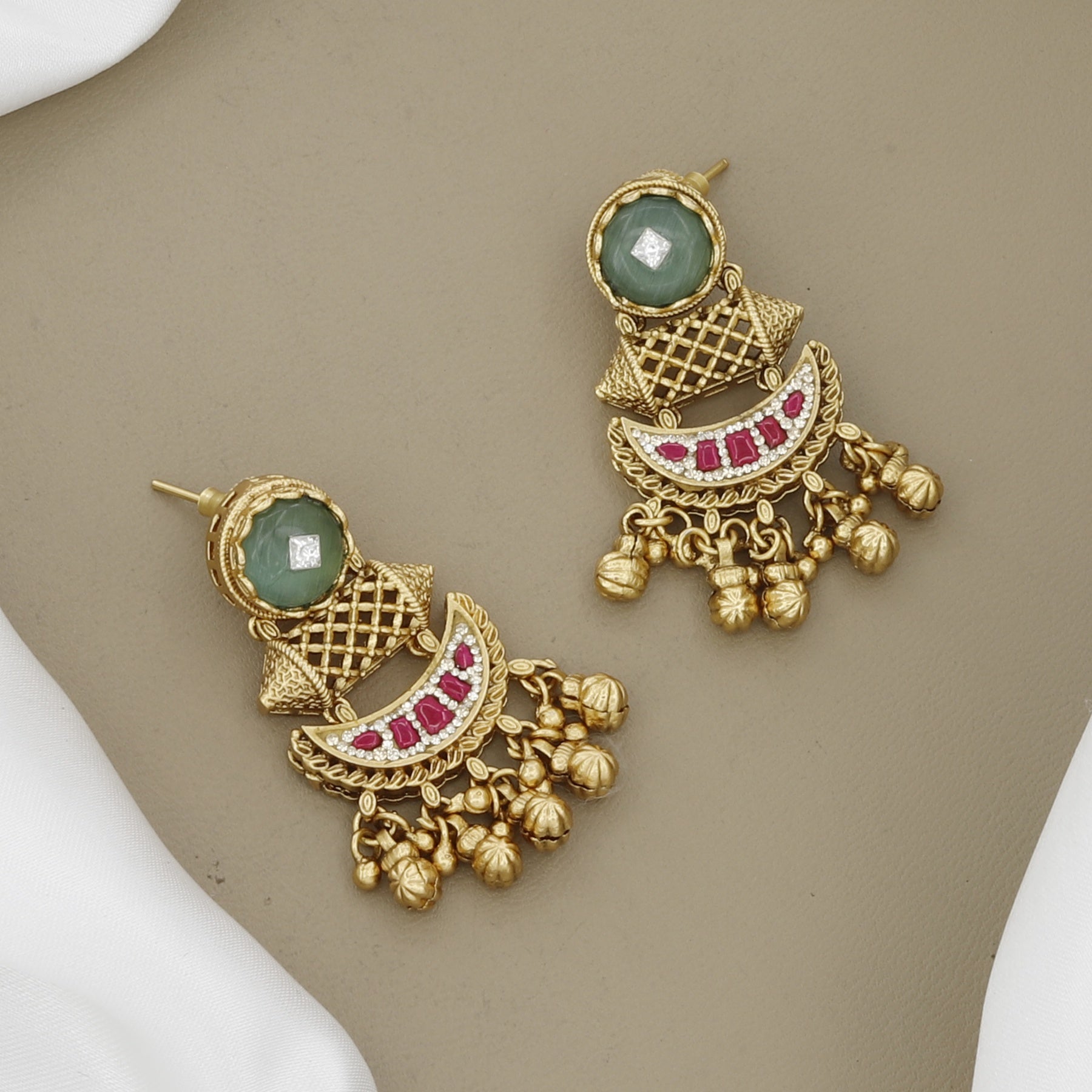 Antique Gold-Plated Necklace Set with Green Stones & Pink Meenakari Work