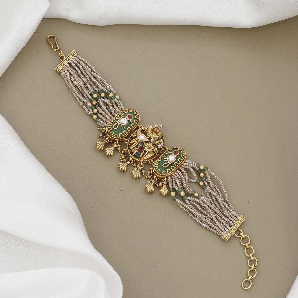 Ornate Antique Gold Statement Bracelet with Multi-Row Seed Pearls & Green Stones