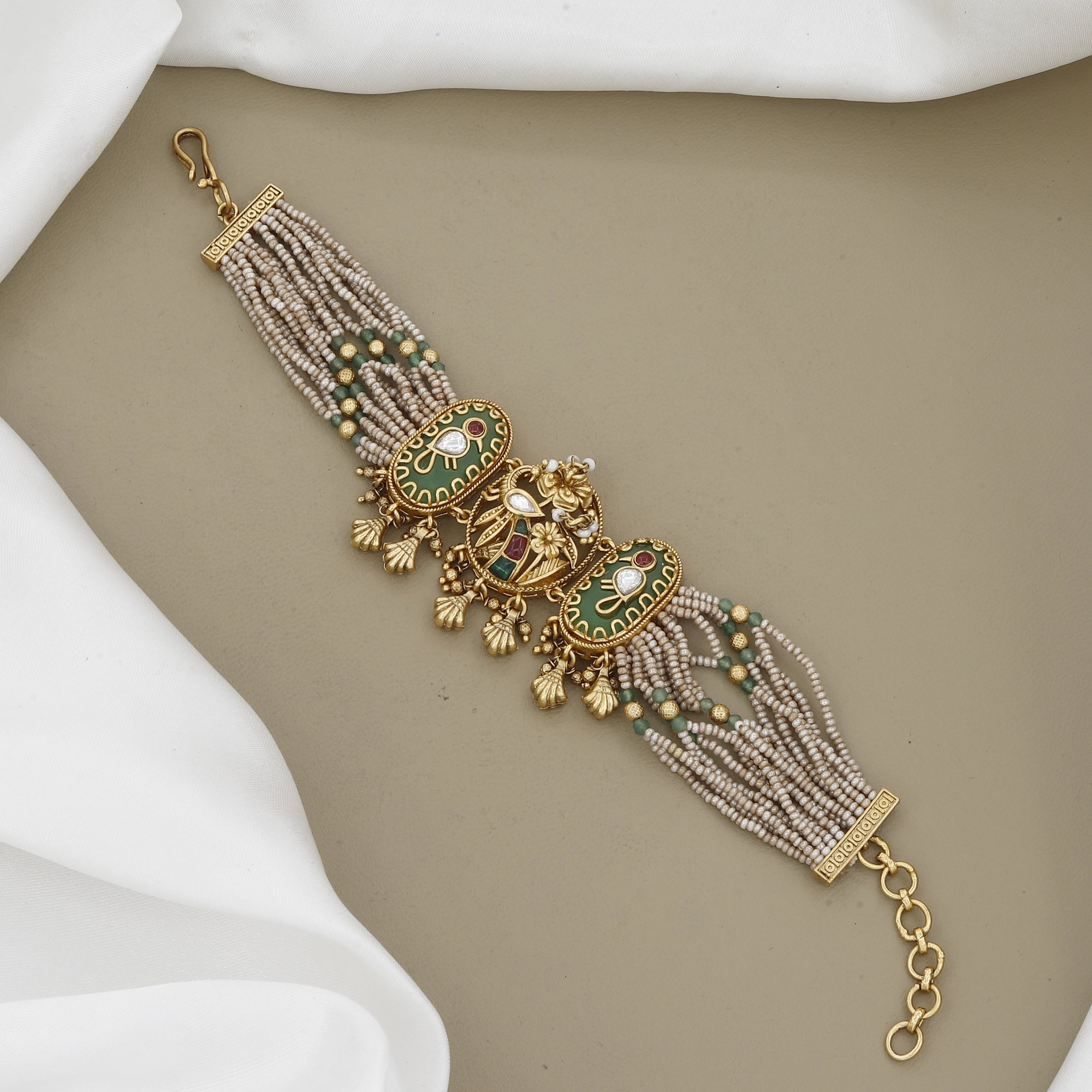 Ornate Antique Gold Statement Bracelet with Multi-Row Seed Pearls & Green Stones