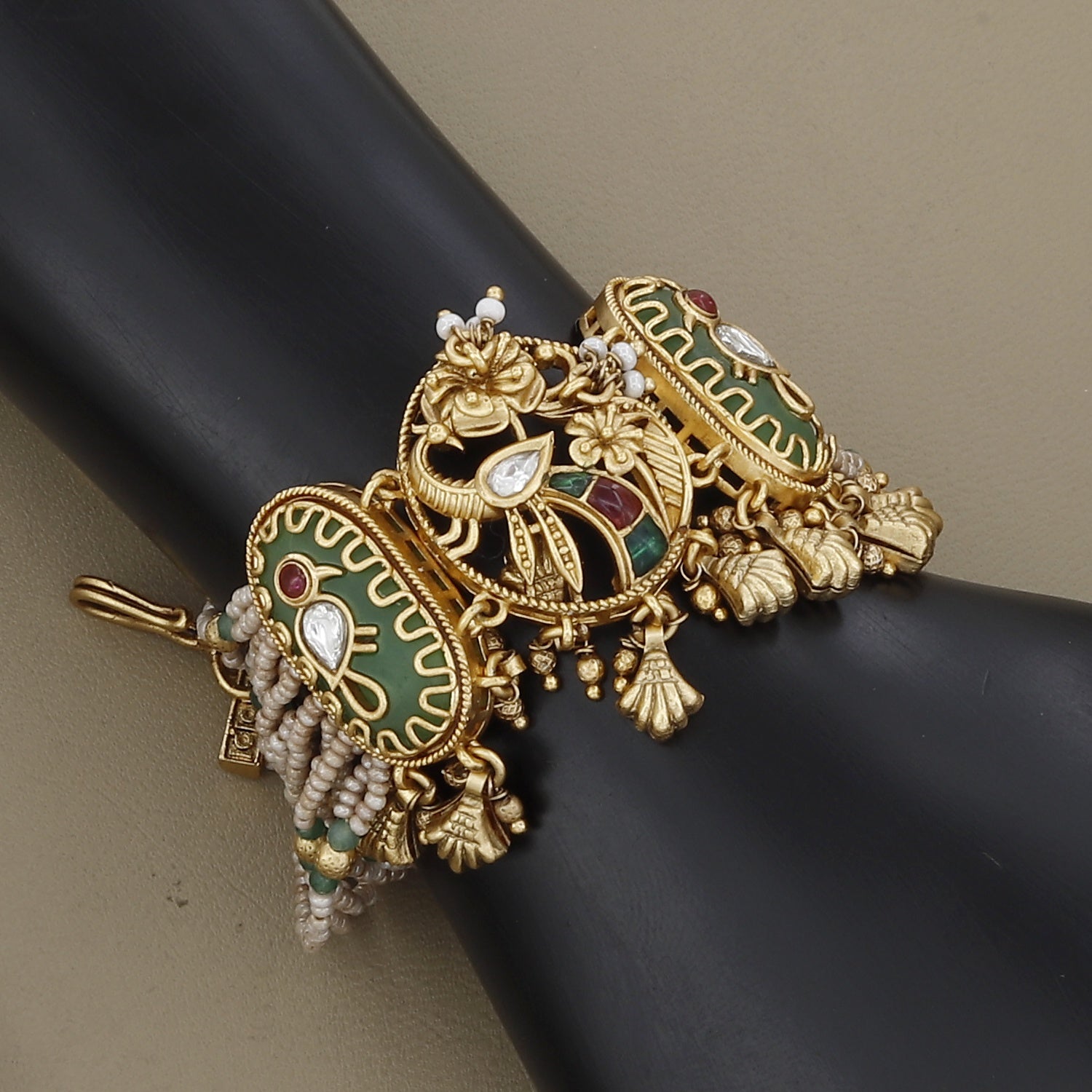 Ornate Antique Gold Statement Bracelet with Multi-Row Seed Pearls & Green Stones