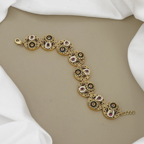 Antique Gold Circular Link Bracelet with Intricate Filigree and Ruby Accents