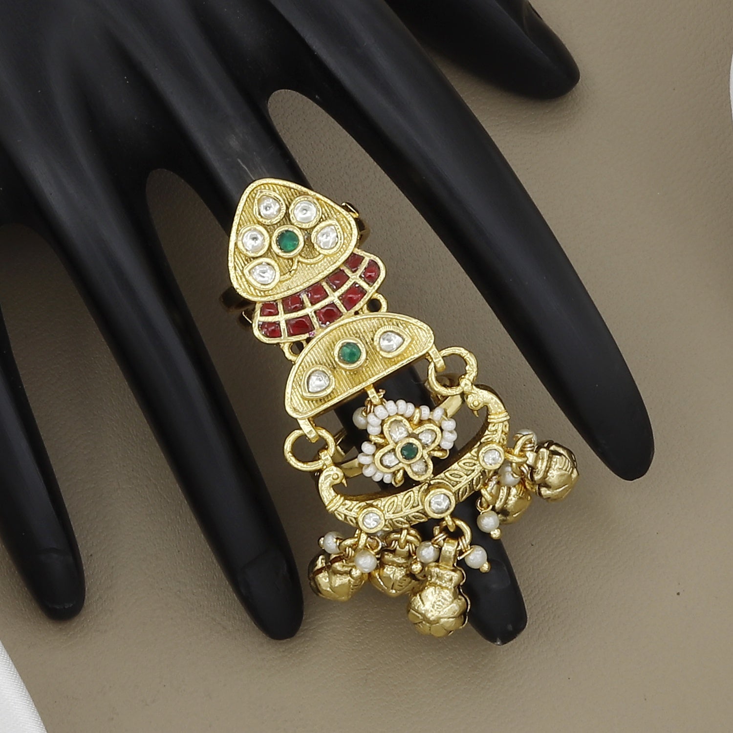 Traditional Indian Gold-Plated Kundan Meenakari Long Ring with Pearls & Bells