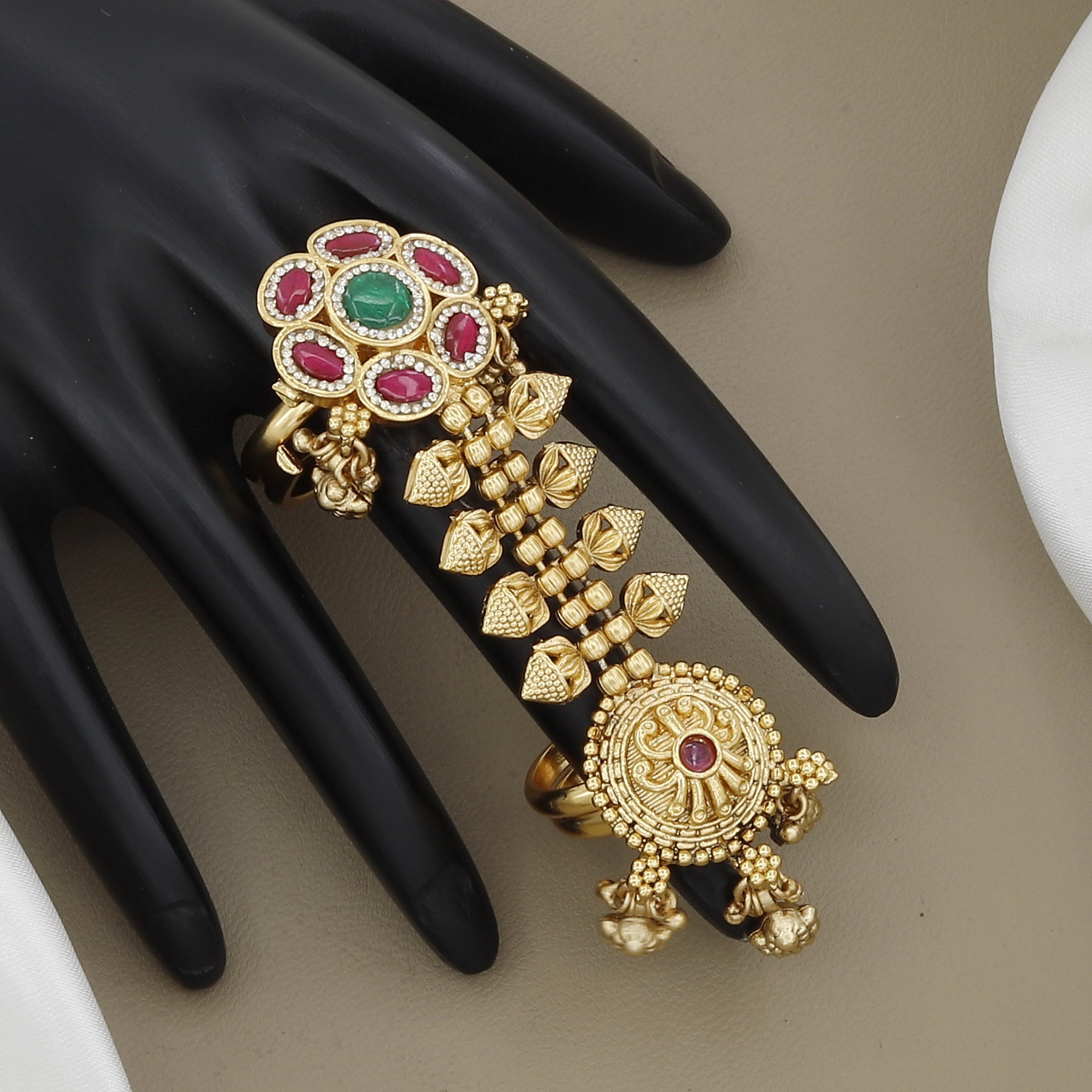Antique Gold Full Finger Double Ring with Ruby & Emerald Floral Motifs