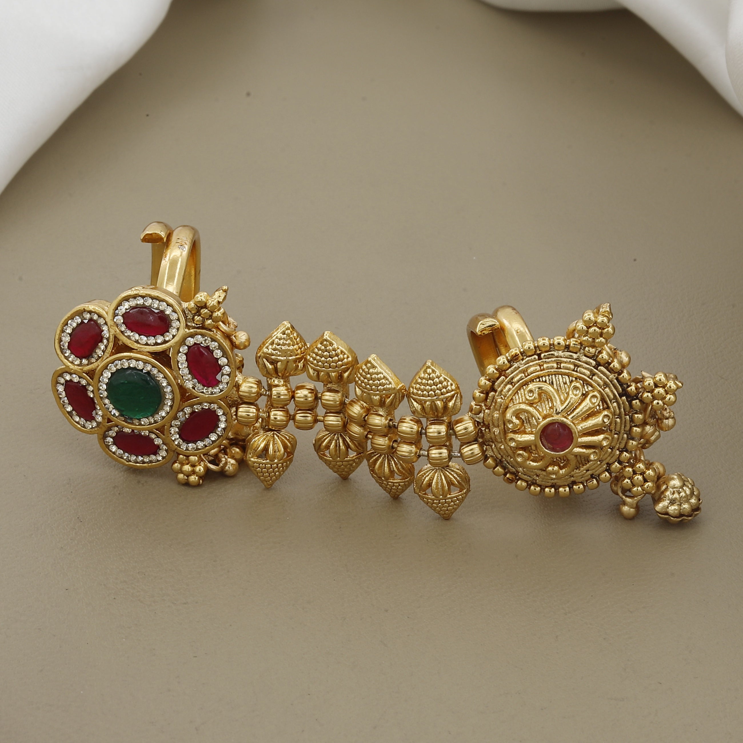 Antique Gold Full Finger Double Ring with Ruby & Emerald Floral Motifs