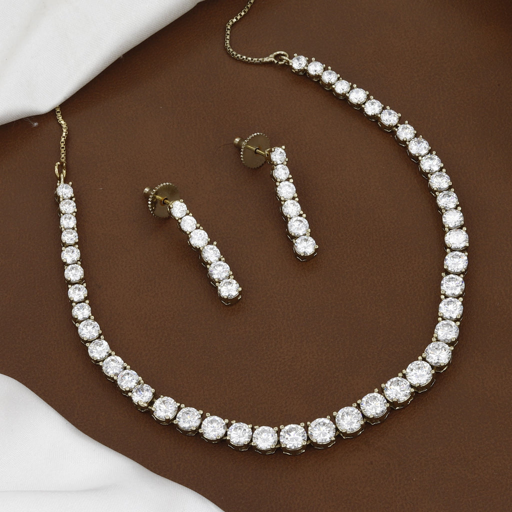 Mehndi Polished Classic CZ Tennis Necklace & Drop Earring Set