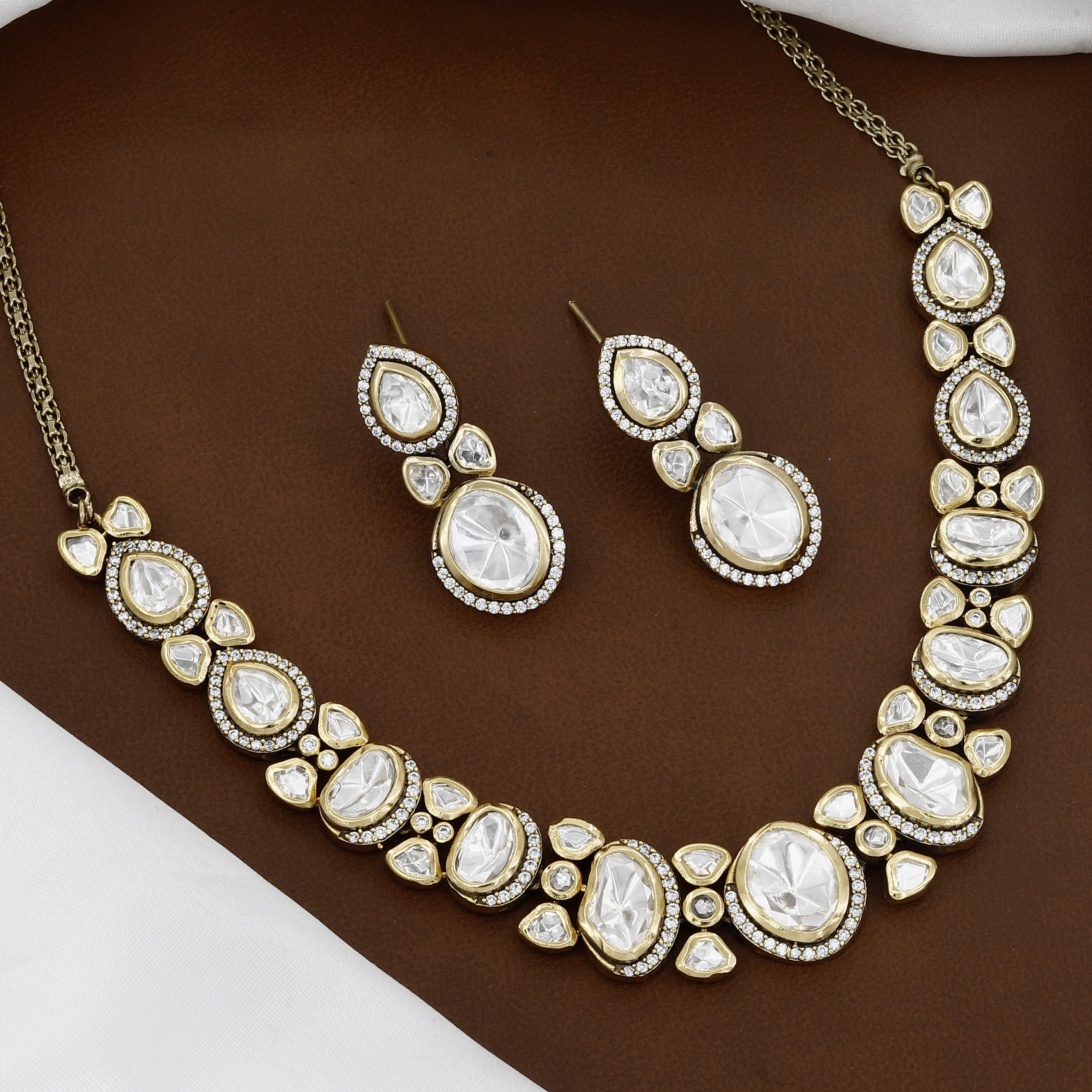 Victorian Polished Exquisite Polki Kundan Teardrop Necklace & Earring Set