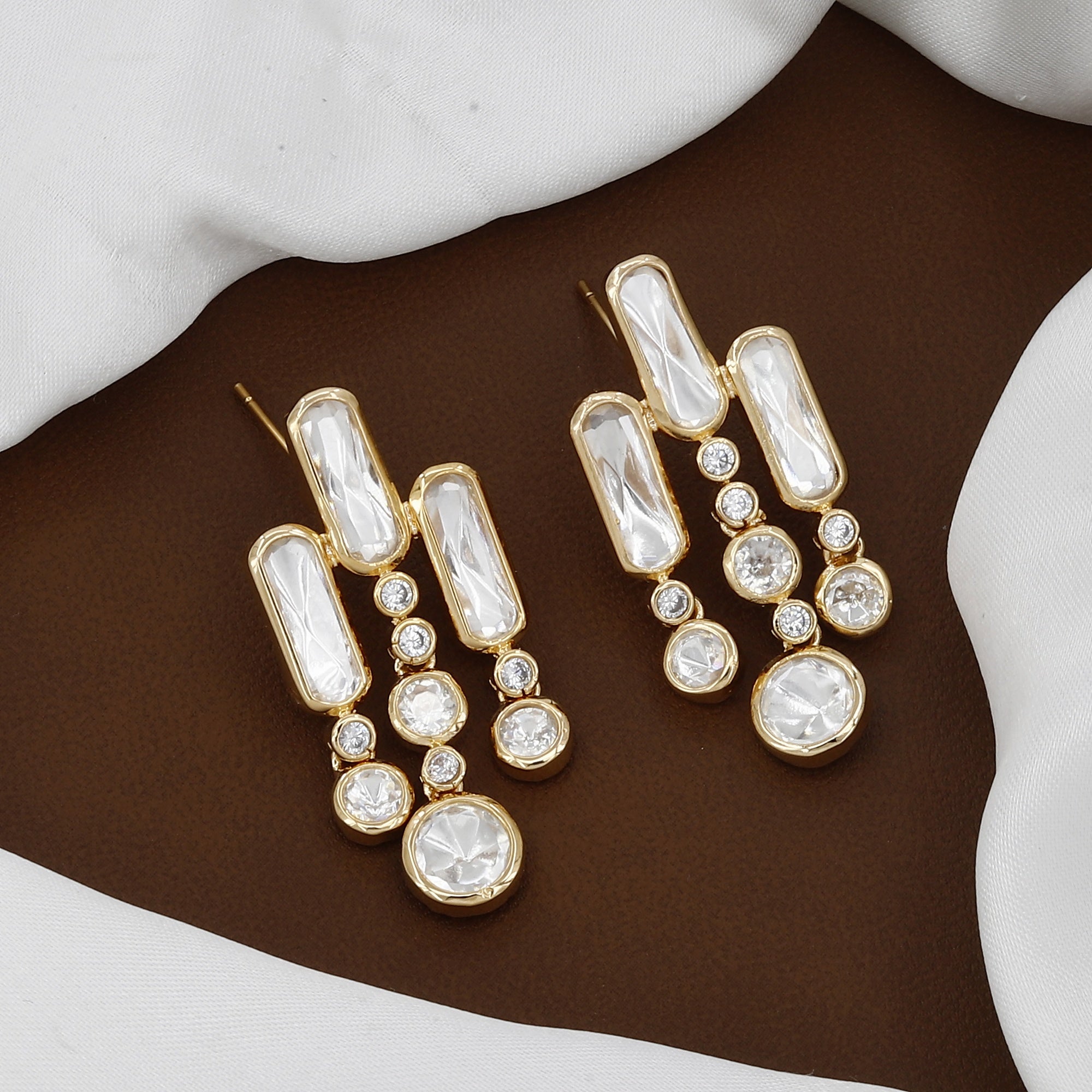 Modern Baguette Crystal Double-Strand Kundan Necklace & Drop Earring Set