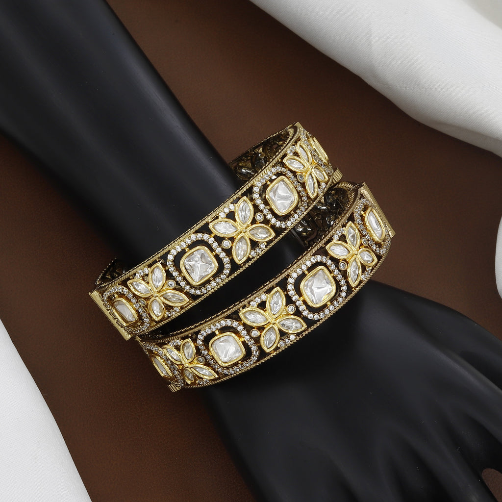 Victorian Polished Wide Bangle Set with Floral & Square Polki Stones