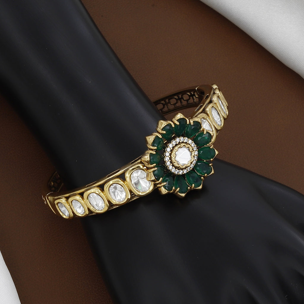 Traditional Victorian Polished Kundan Bangle with Green Floral Design