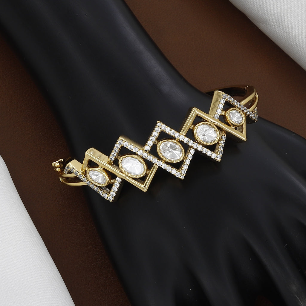 Victorian Polished Geometric Gold Diamond Polki Kundan Kada Bracelet