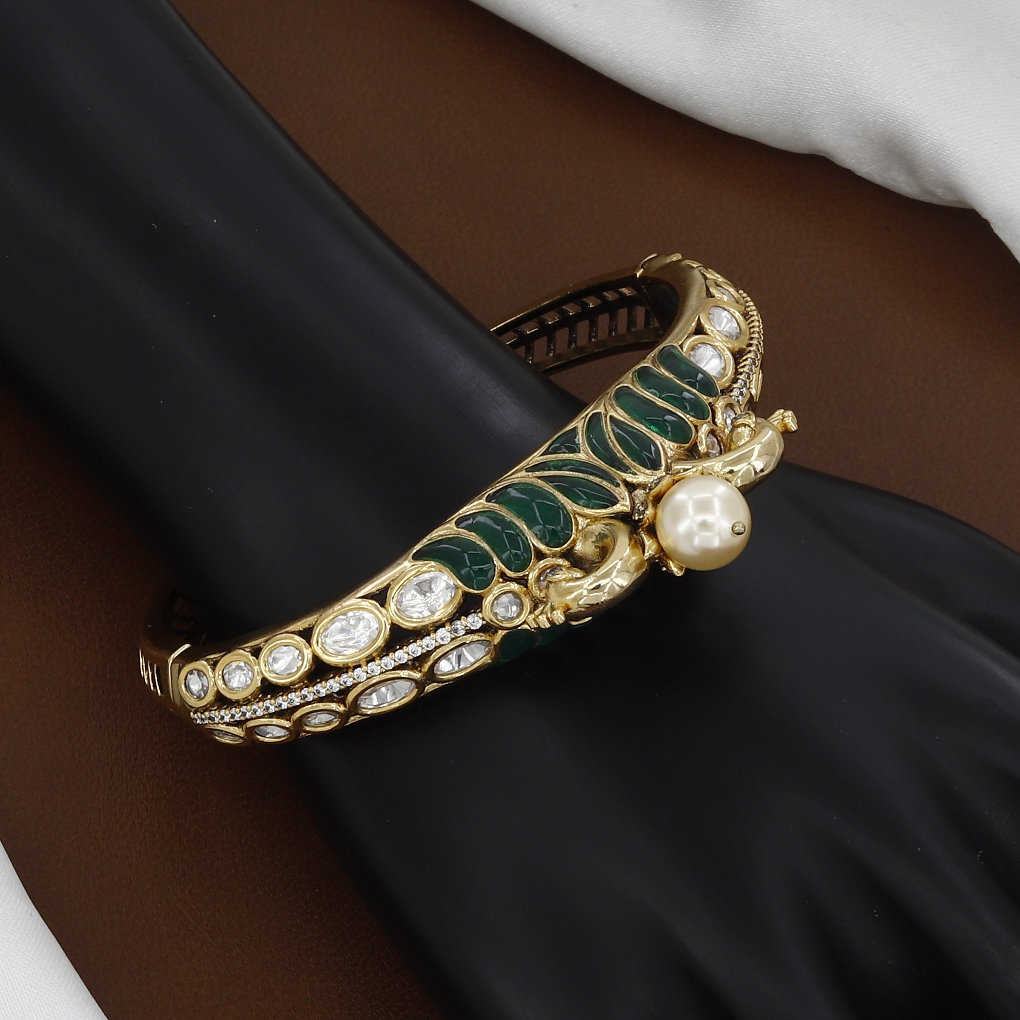 Victorian Polished Vintage Meenakari Kada with Center Pearl & Kundan Inlay