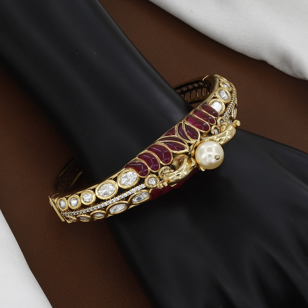 Victorian Polished Vintage Meenakari Kada with Center Pearl & Kundan Inlay