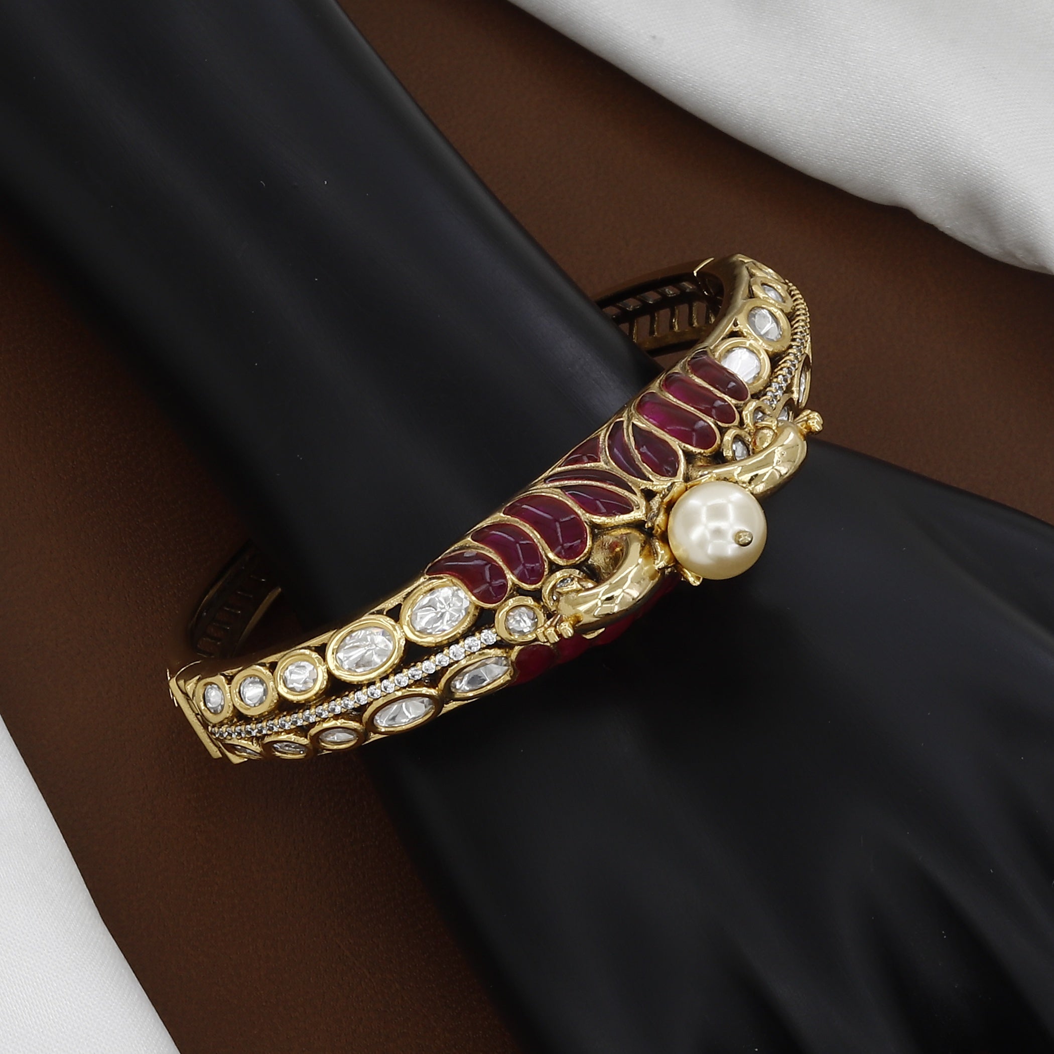 Victorian Polished Vintage Meenakari Kada with Center Pearl & Kundan Inlay