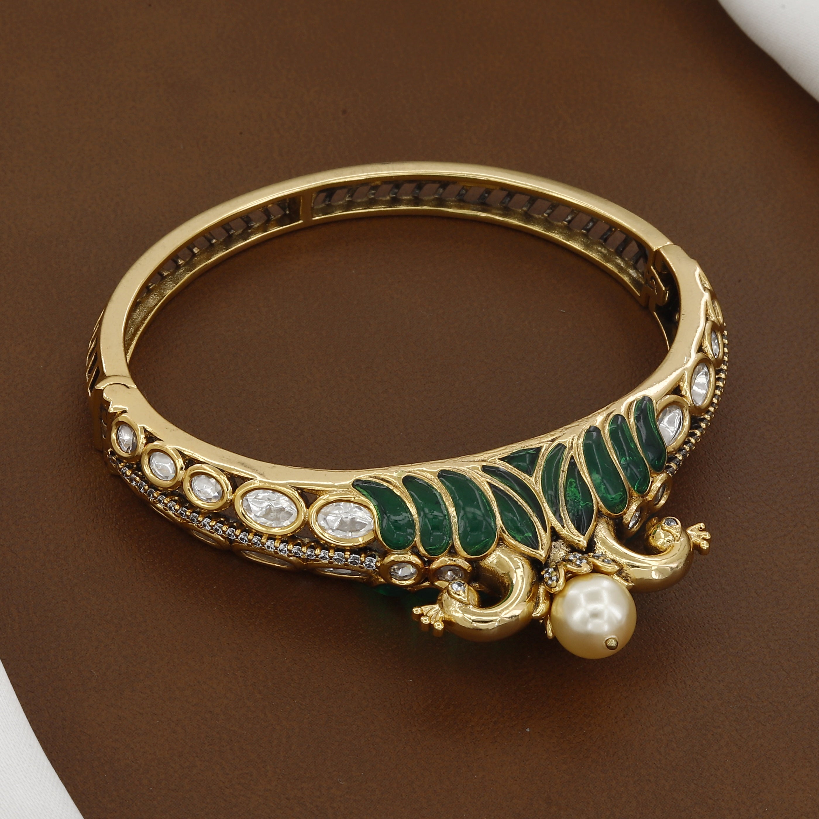 Victorian Polished Vintage Meenakari Kada with Center Pearl & Kundan Inlay