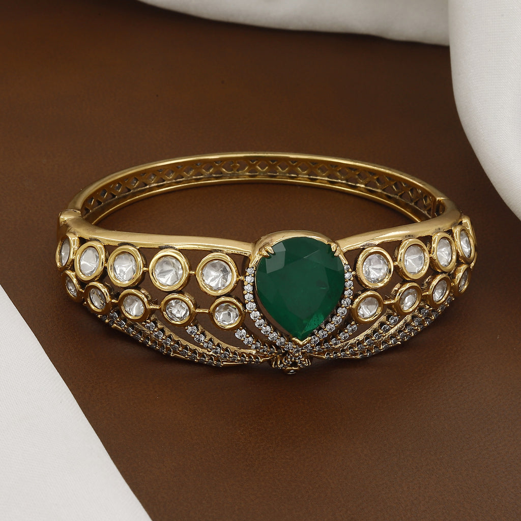 Victorian Polished Handcrafted Emerald & Polki Diamond Statement Kada