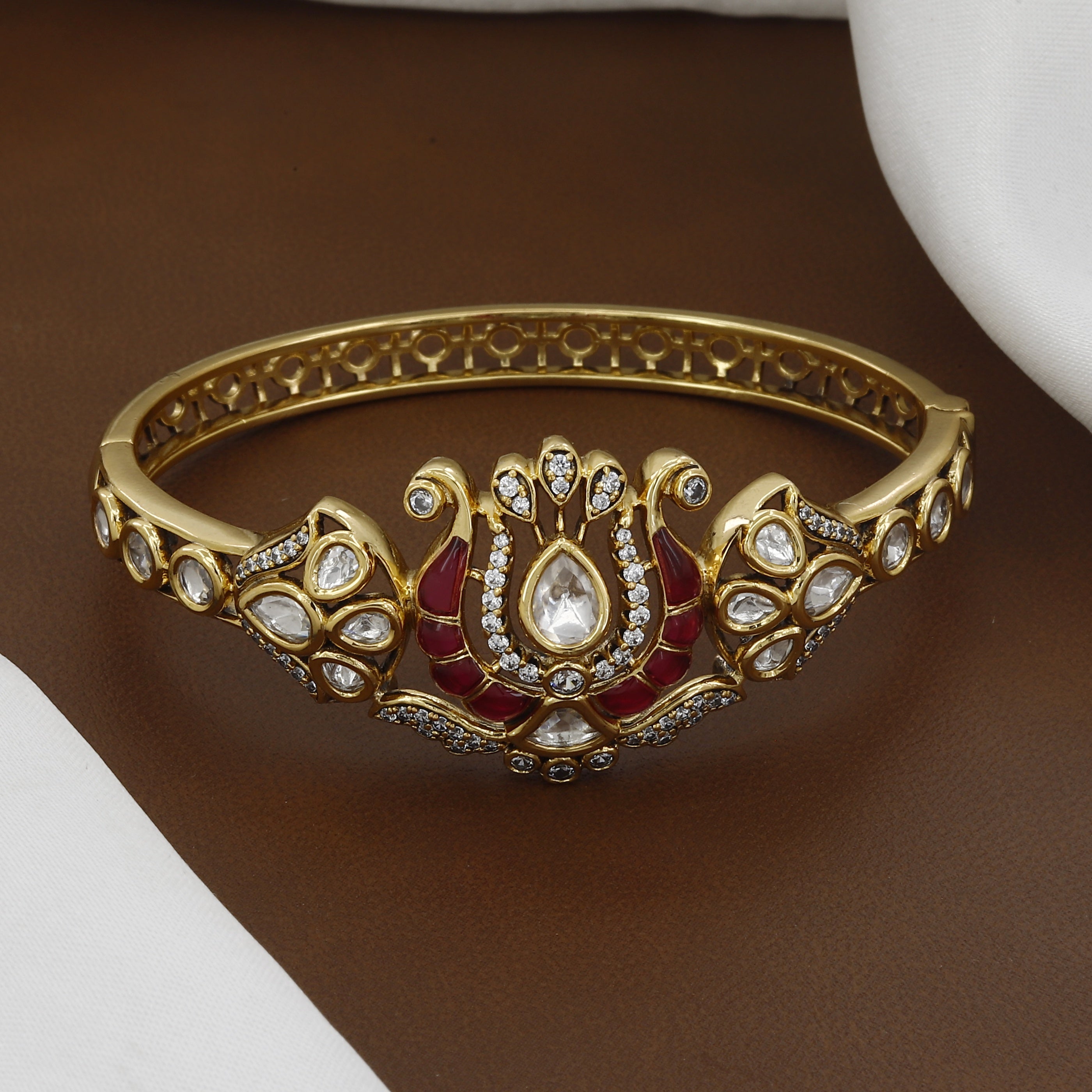 Victorian Polished Meenakari Royal Kundan Peacock Kada