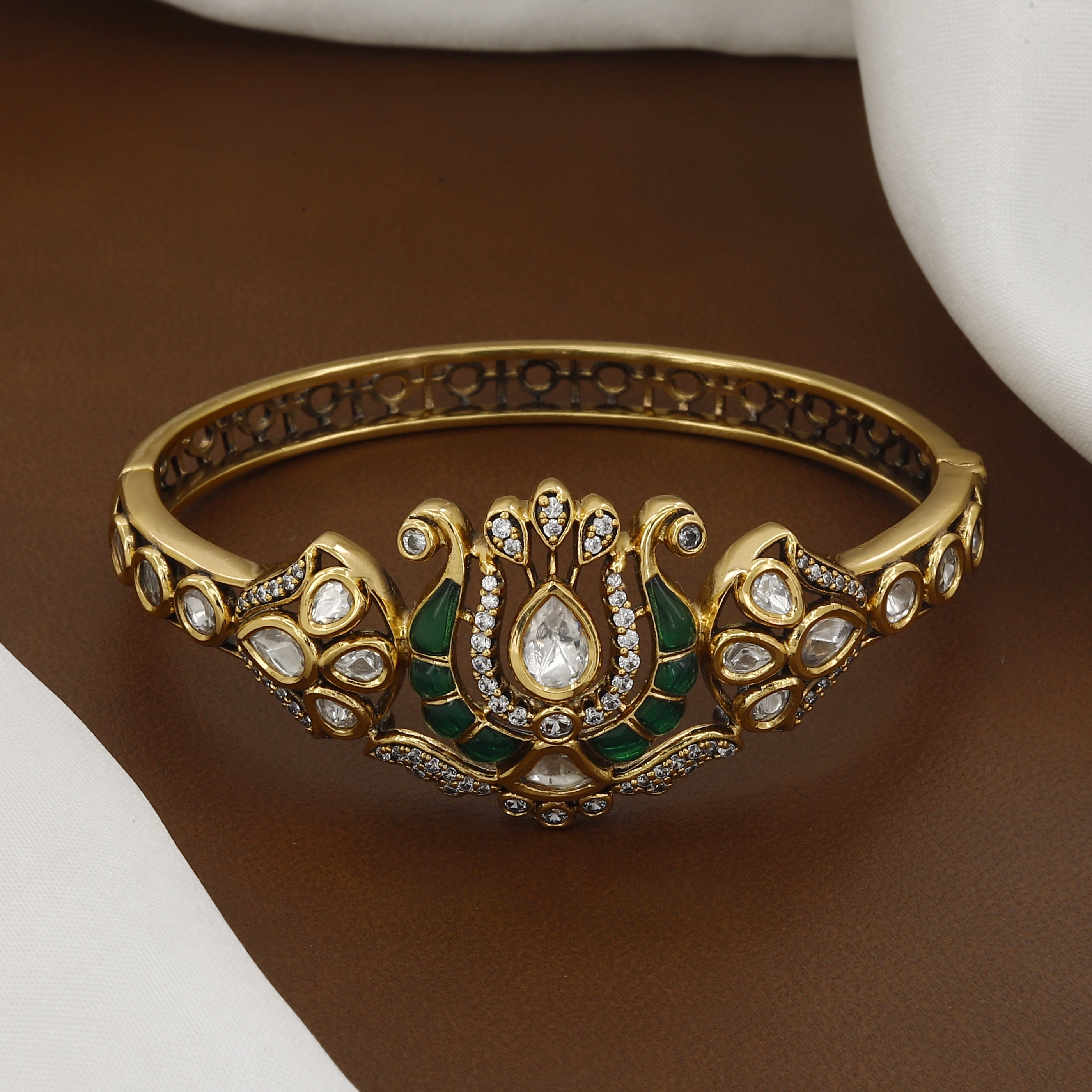 Victorian Polished Meenakari Royal Kundan Peacock Kada