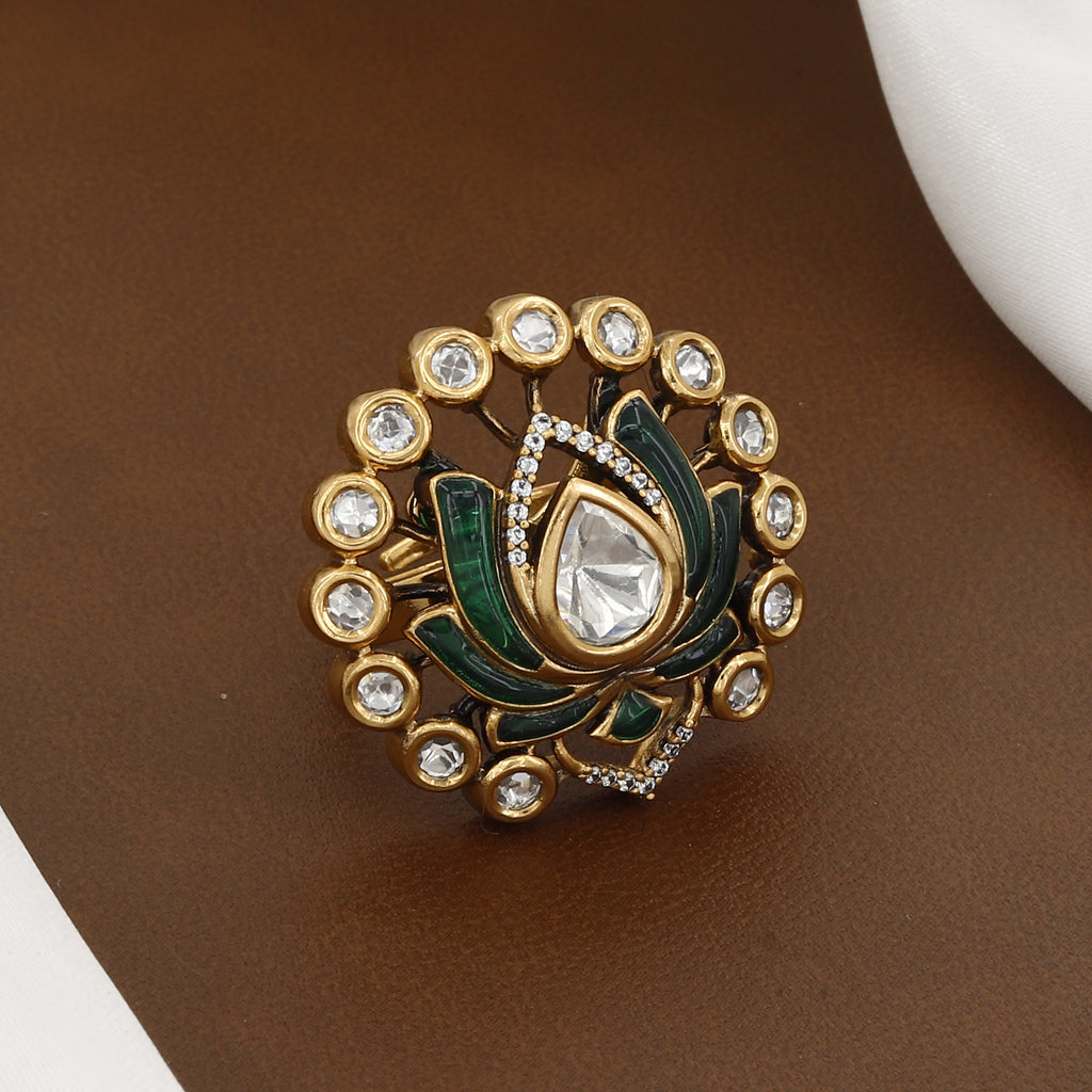 Exquisite Green Enamel & Crystal Designer Kundan Ring