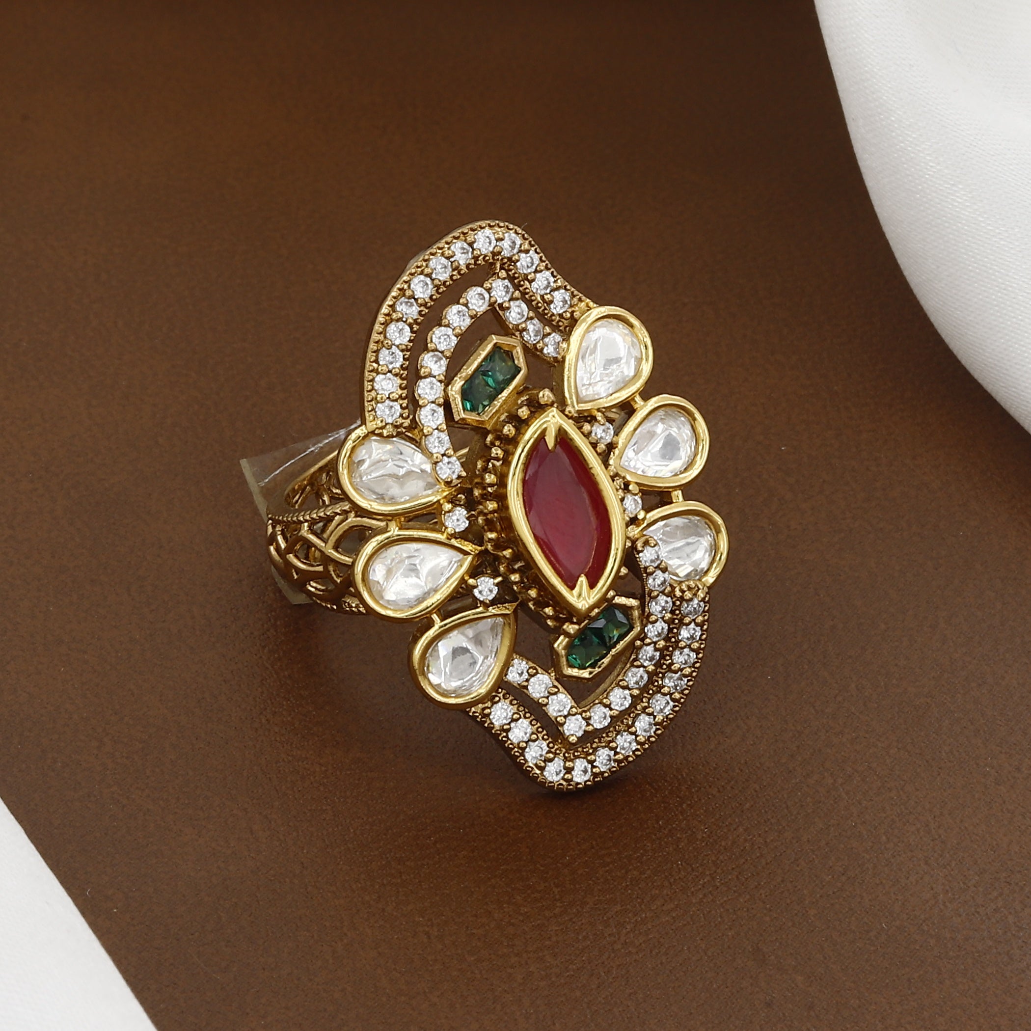 Victorian Polished Designer Ruby & Polki Fusion Ring with Crystal Detailing