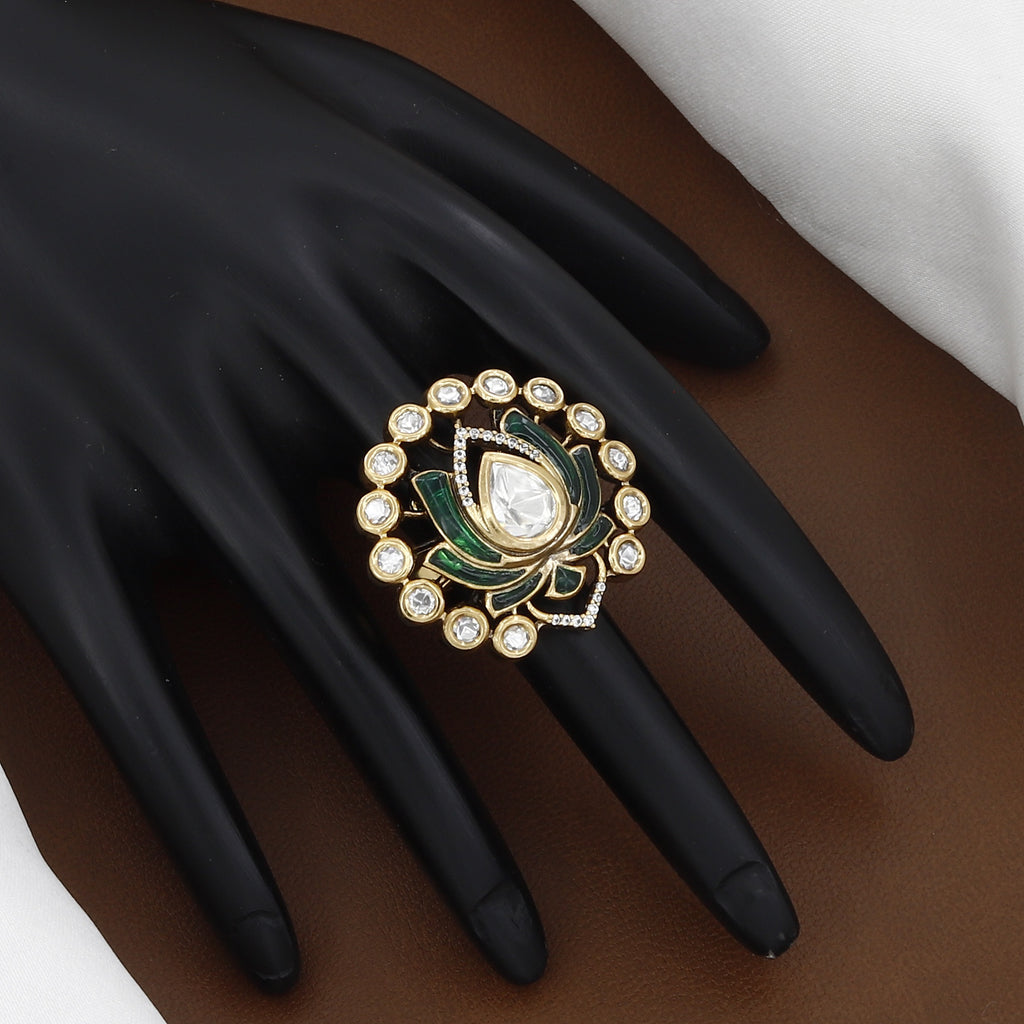 Exquisite Green Enamel & Crystal Designer Kundan Ring