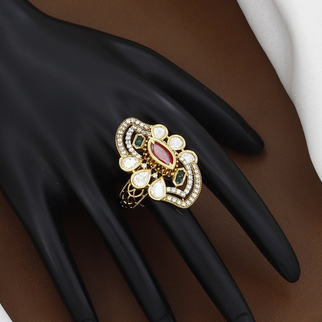 Victorian Polished Designer Ruby & Polki Fusion Ring with Crystal Detailing