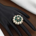Victorian Polished Floral Polki Ring with Emerald Green Stones