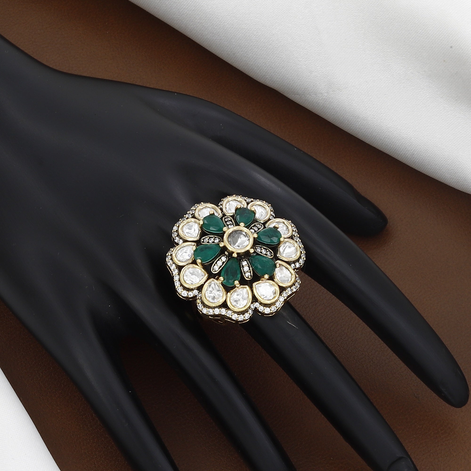 Victorian Polished Floral Polki Ring with Emerald Green Stones