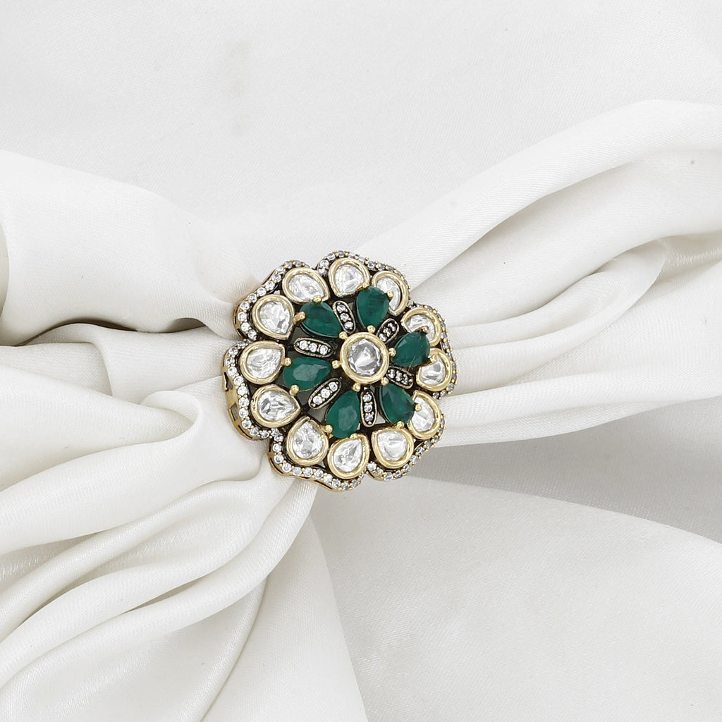 Victorian Polished Floral Polki Ring with Emerald Green Stones