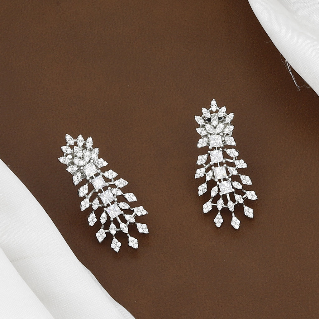 Silver-Toned American Diamond Leaf Necklace Set