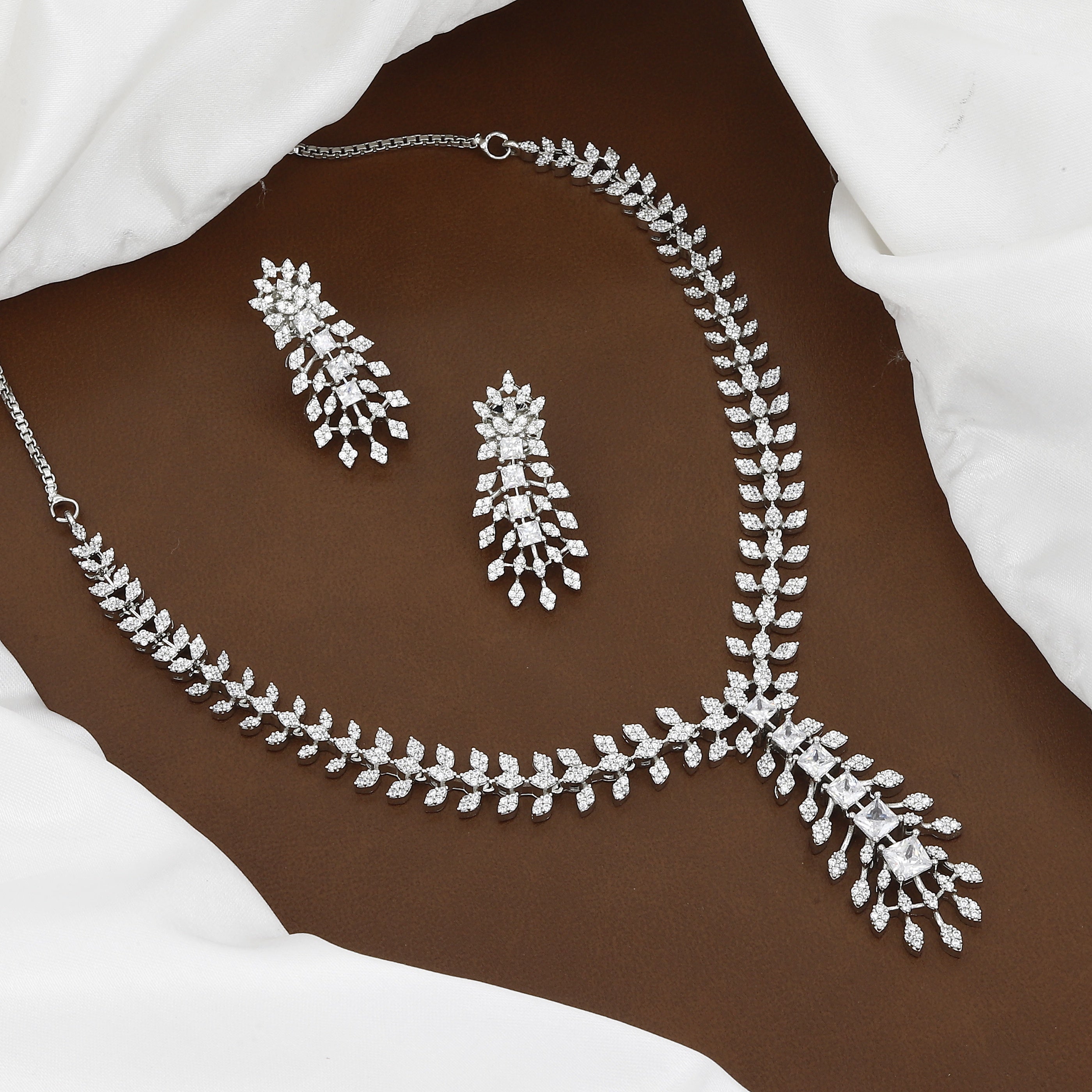 Silver-Toned American Diamond Leaf Necklace Set