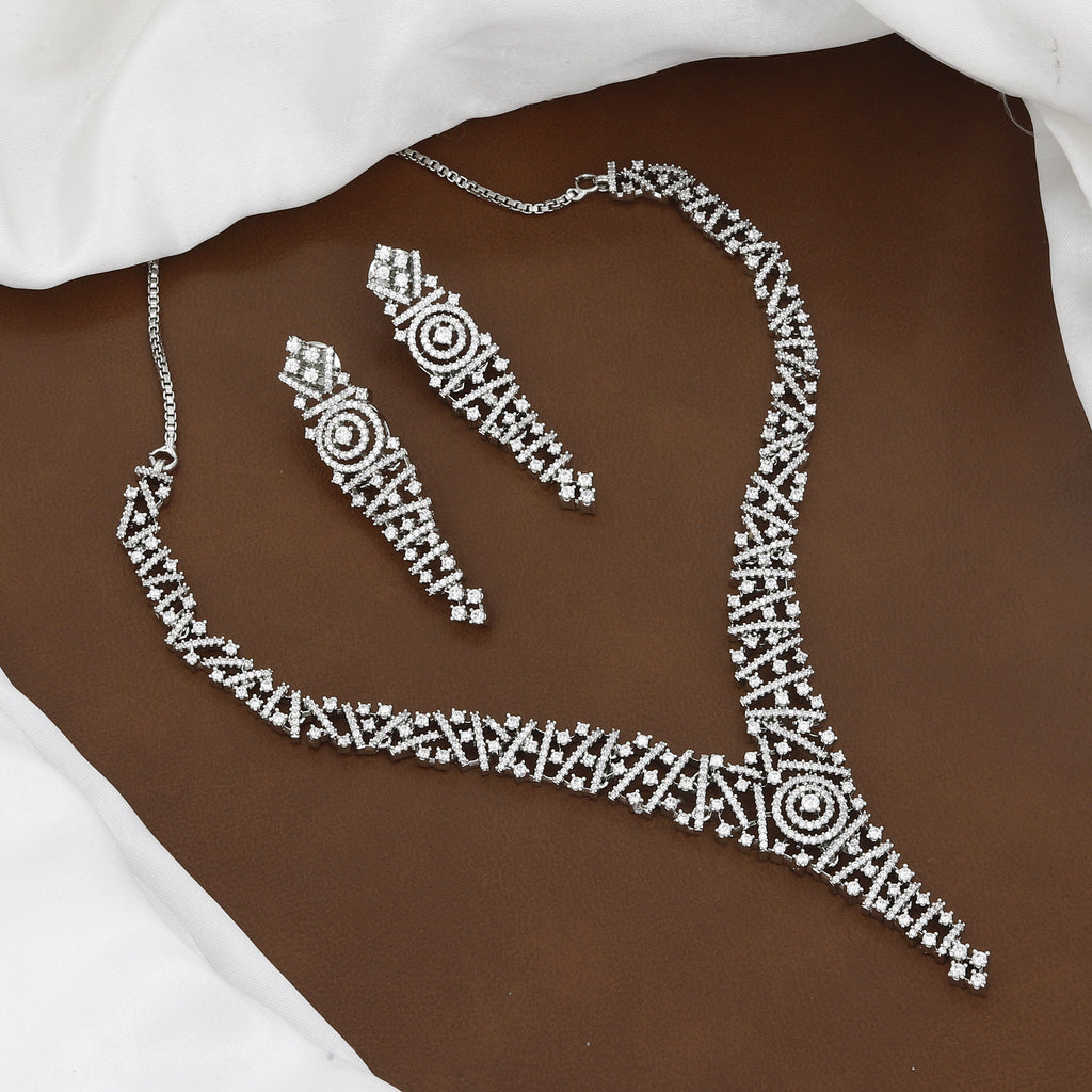 Silver-Toned Geometric American Diamond Necklace Set