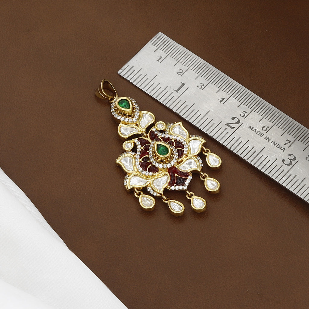 Traditional Floral Kundan Pendant & Earrings Set with Green Emerald Accents