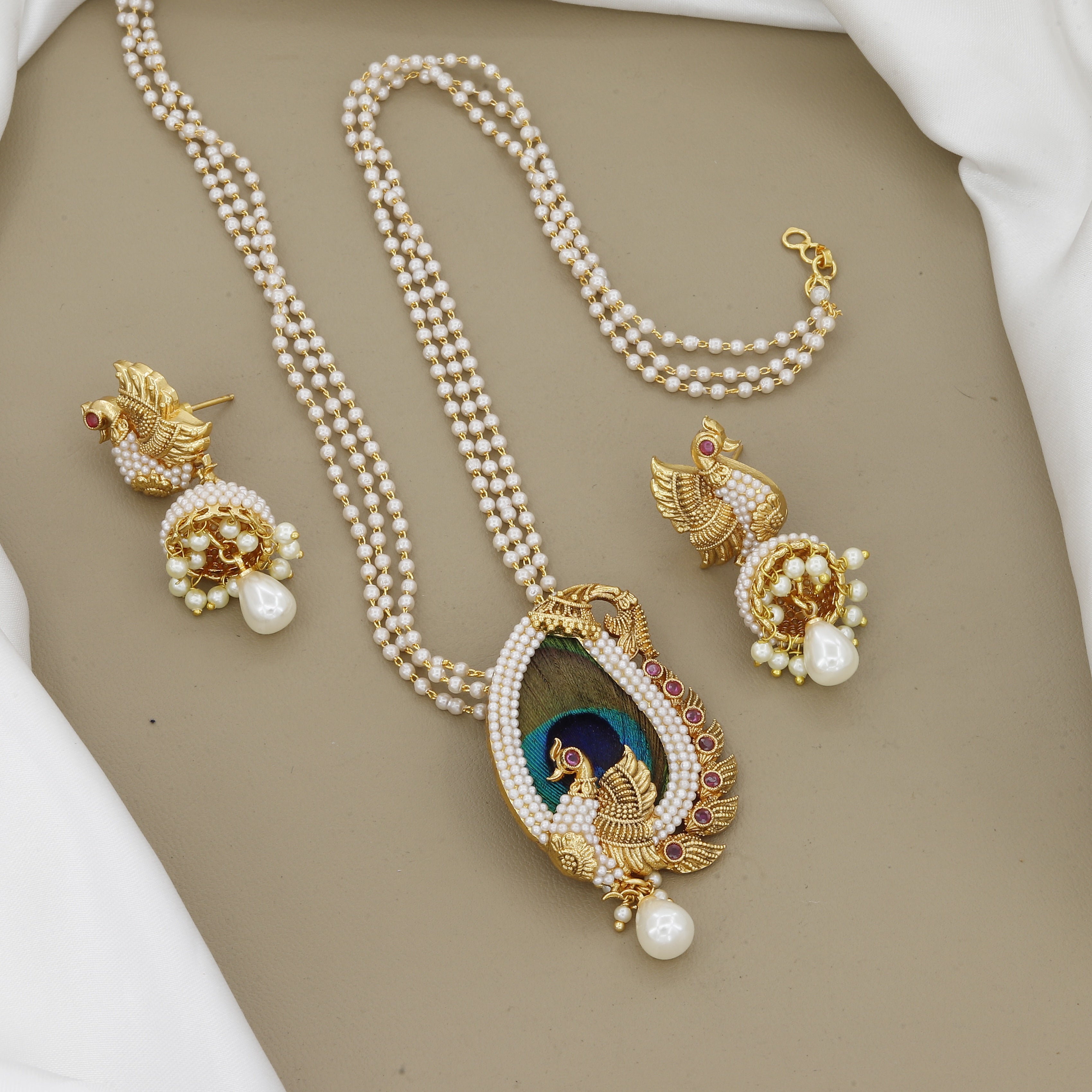 Pearl Mala Necklace Set with Real Peacock Feather Pendant
