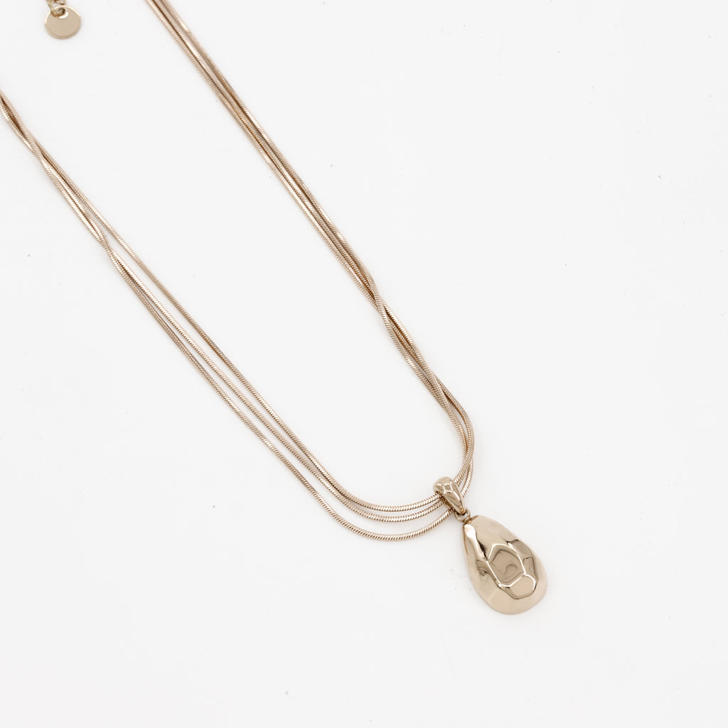 Gold Faceted Teardrop Pendant on Triple-Strand Chain