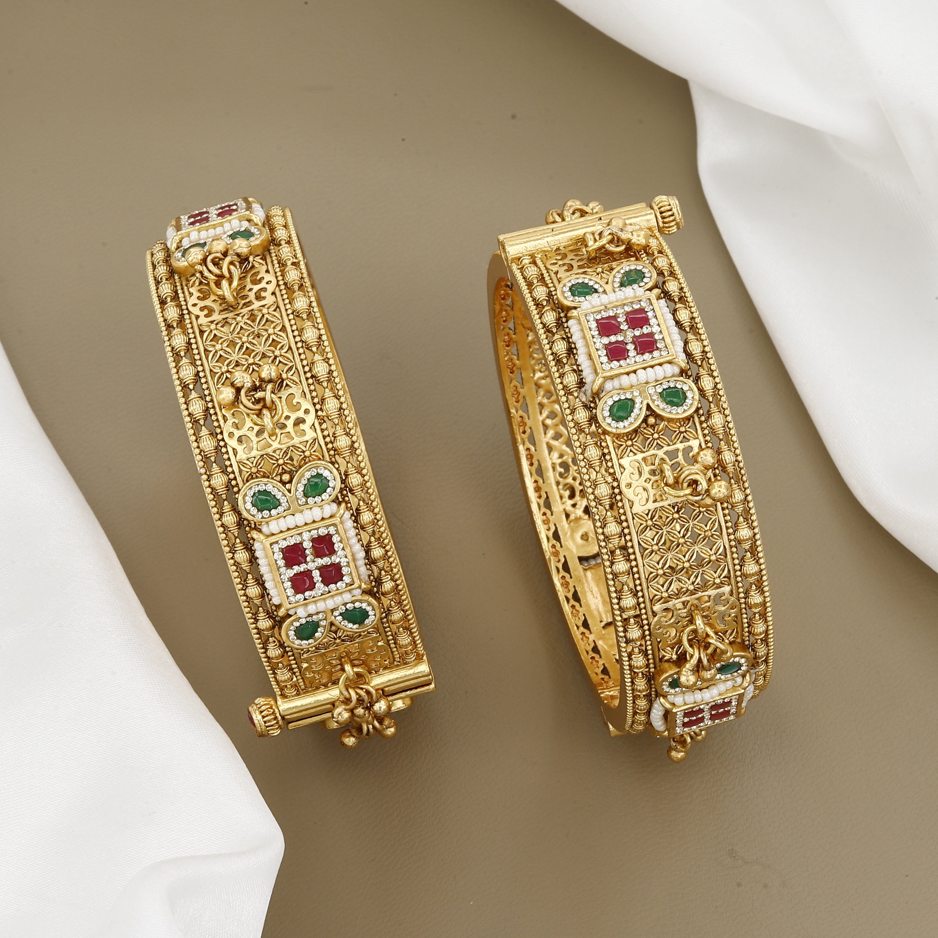 Antique Gold-Plated Kangan with Ruby, Emerald & Pearl Accents